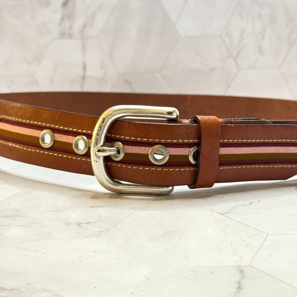 Fossil Brown Leather Sz Medium Womens Belt Silver Tone Buckle Pink Olive Stripe - Picture 1 of 7